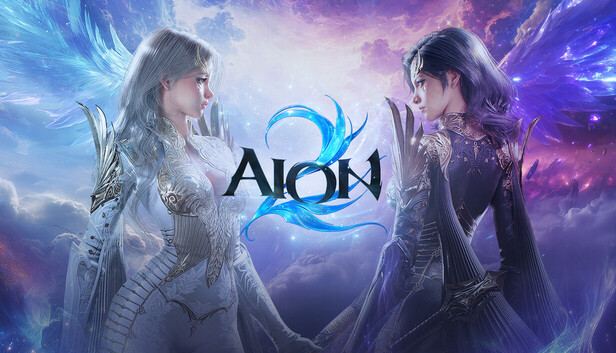 Mavi ve mor ışıklar içindeki iki AION 2 karakteri ve AION 2 logosu
